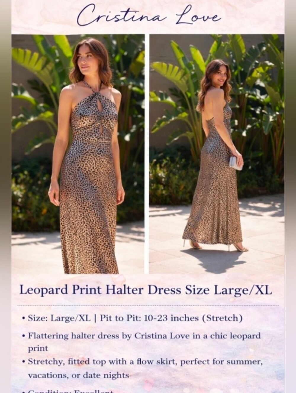 Cristina Love Leopard Print Halter Maxi Dress Sz L / XL